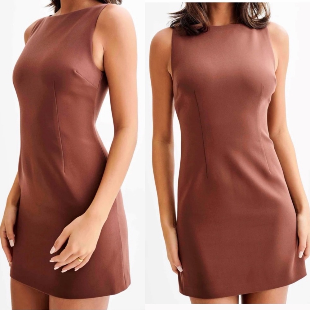 MESHKI Suiting Mini shift Dress wood Angela brown caramel professional mocha S